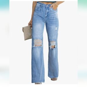 Sidefeel Women's Ripped High Waisted Flared Jeans Wide Leg Destroyed Denim Pants